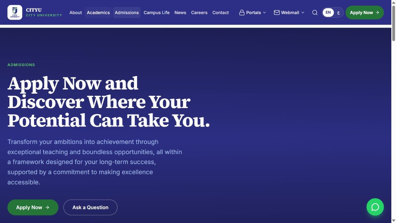 City University admissions page with application and enquiry links